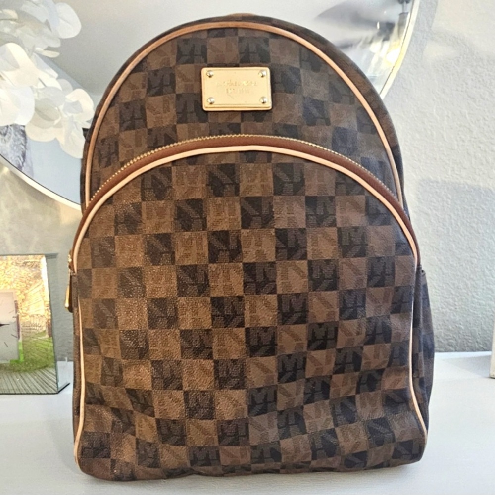 Michael Kors Abbey Leather Backpack MK and Checkered AOP - Pre-Owned
